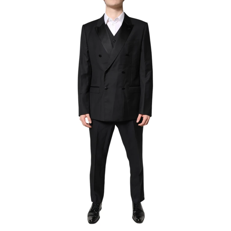 Dolce & Gabbana Black Double Breasted Formal 3 Piece Suit Virgin Wool Silk Polyester - Men