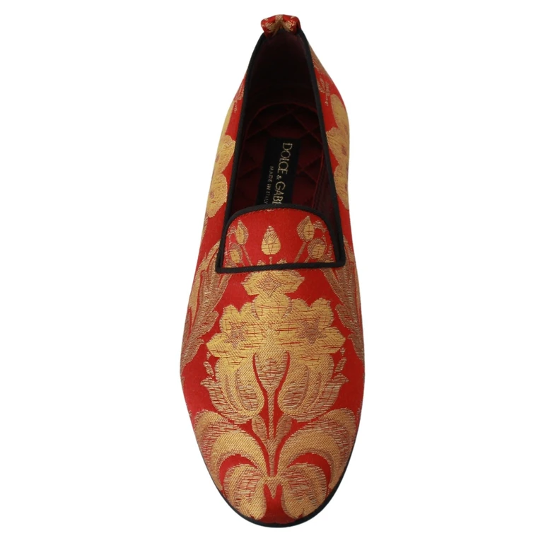Red Gold Brocade Slippers Loafers Shoes Rose Silk - Men
