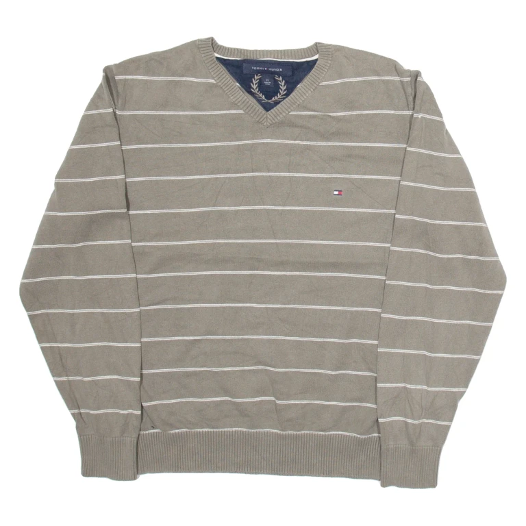TOMMY HILFIGER Mens Jumper Brown Striped V-Neck Tight Knit M