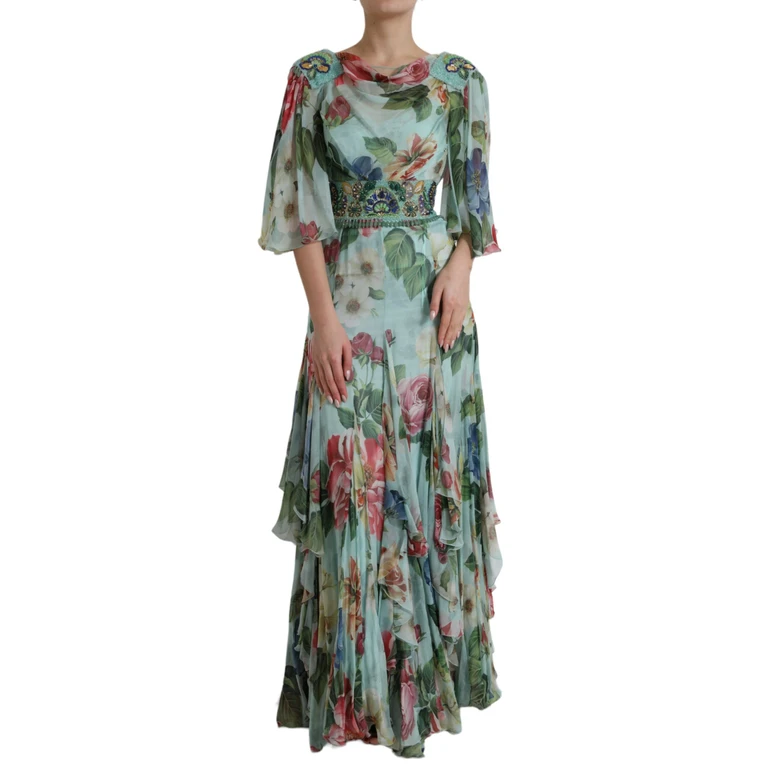 Dolce & Gabbana Blue Floral Print Tiered Long Maxi Dress Silk - Women