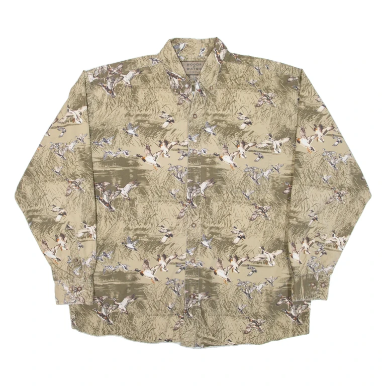 WOODS AND WATER Birds Mens Shirt Beige Crazy Pattern Long Sleeve L