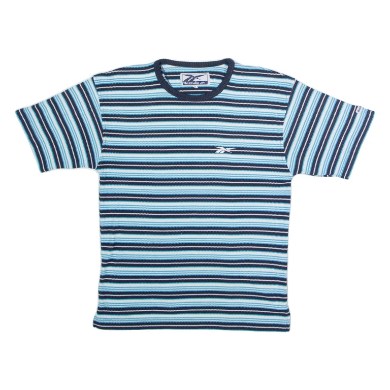 REEBOK Striped Knit Womens T-Shirt Blue Crew Neck UK 8