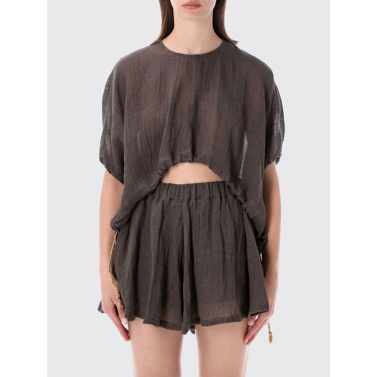 Linen Cropped Top with Crew Neck and Short Sleeves (33BLIW1PLE000G486700909)
