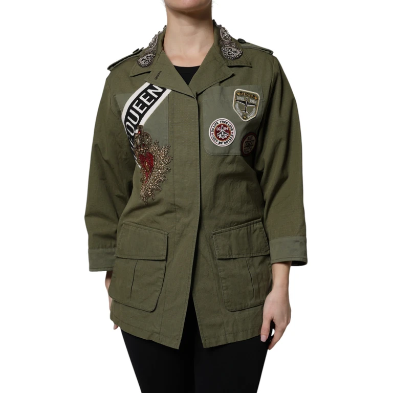 Dolce & Gabbana Military Green Queen Embellished Coat Jacket Cotton Clothing - Women
