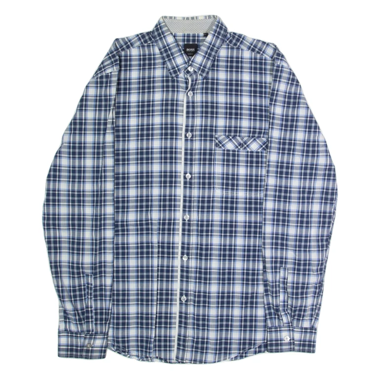 HUGO BOSS Slim Fit Mens Shirt Blue Plaid Long Sleeve L
