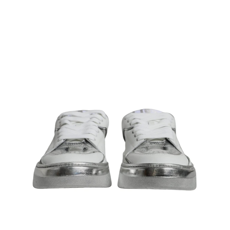 Dolce & Gabbana White Silver Leather Low Top Sneakers Shoes - Women
