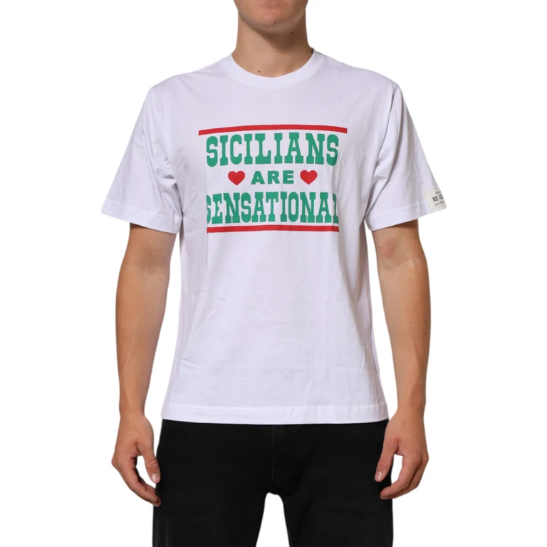 Dolce & Gabbana White Graphic Print Cotton Crew Neck T-Shirt - Men