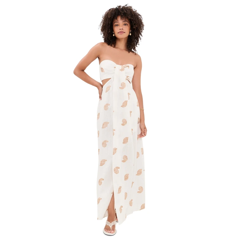 Embroidered Shell Linen Maxi Dress Off-White XXS