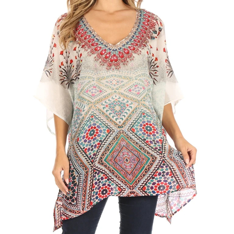 Sakkas Tanya Women's Short Sleeve Floral Print Loose Blouse Tunic V-neck Silky