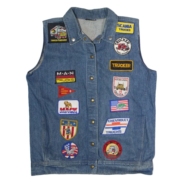 LOUIS LONDON Customised Trucker Patch Womens Denim Waistcoat Blue 80s USA XL