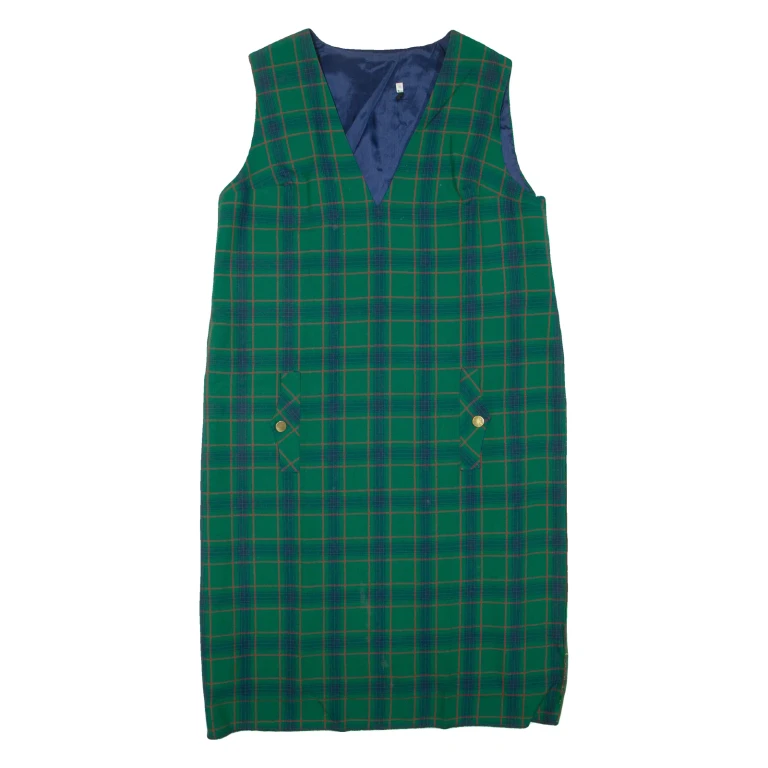 Womens Shift Dress Green Check Sleeveless Knee Length L