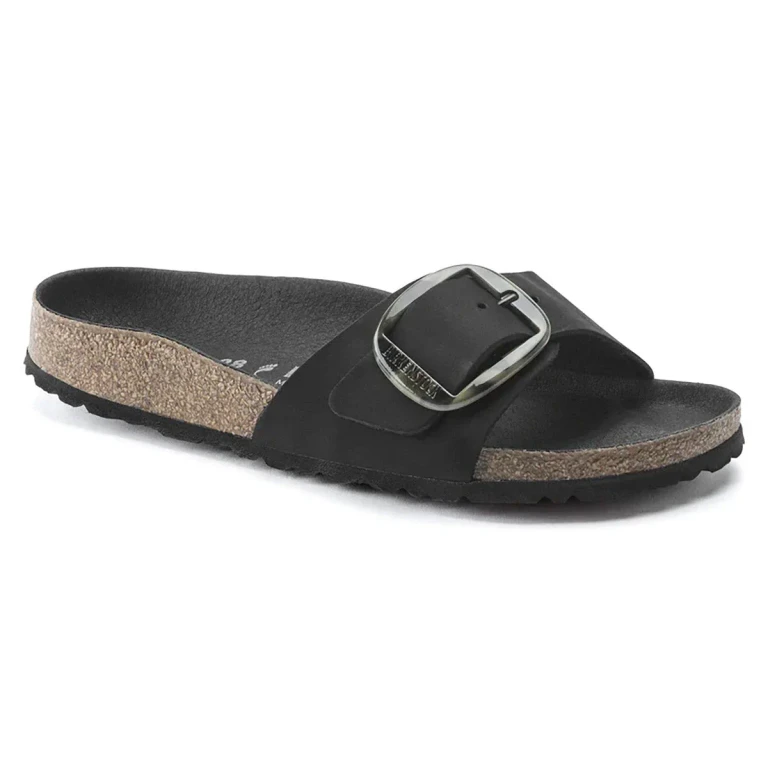 Madrid Big Buckle Nubuck Leather Black Sandals