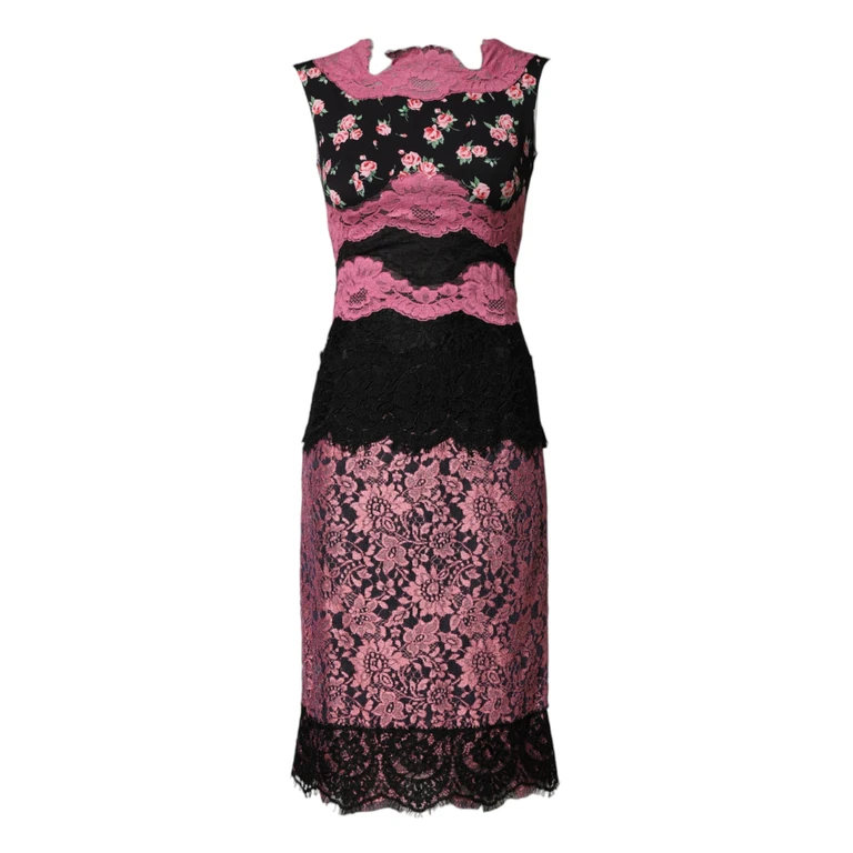 Black Pink Floral Lace Silk Sheath Dress 08+pl+se - Women