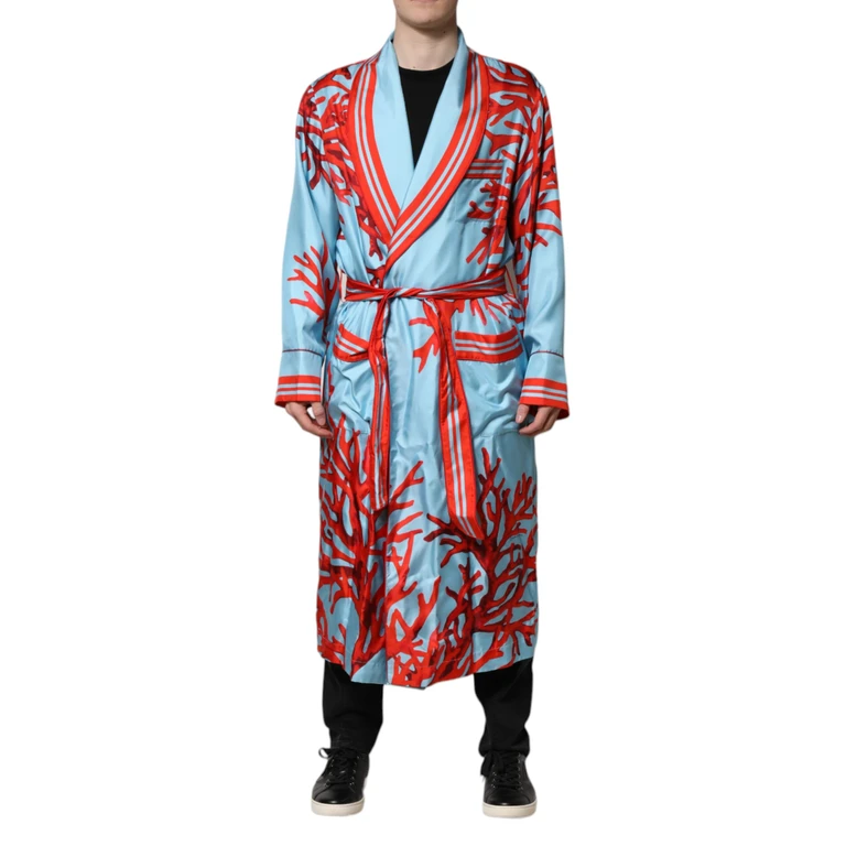 Dolce & Gabbana Blue Red Coral Print Wrap Robe Coat Jacket Light Silk Clothing - Men