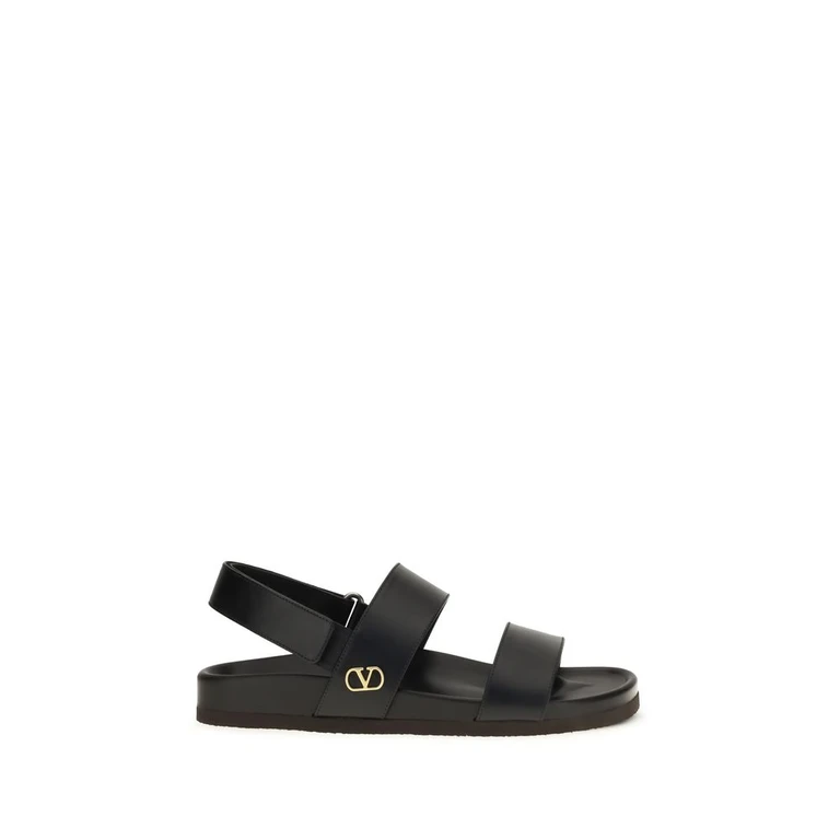 Valentino Garavani Black Calf Leather Bos Taurus Flat Sandals - Men