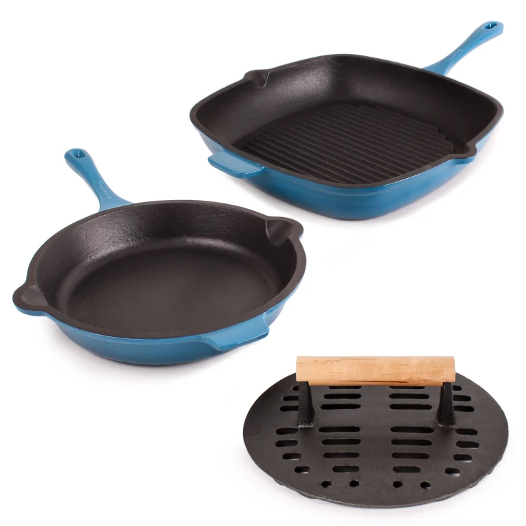 Neo 3pc Cast Iron Fry Pan & Grill Pan Set with Slotted Steak Press, Blue