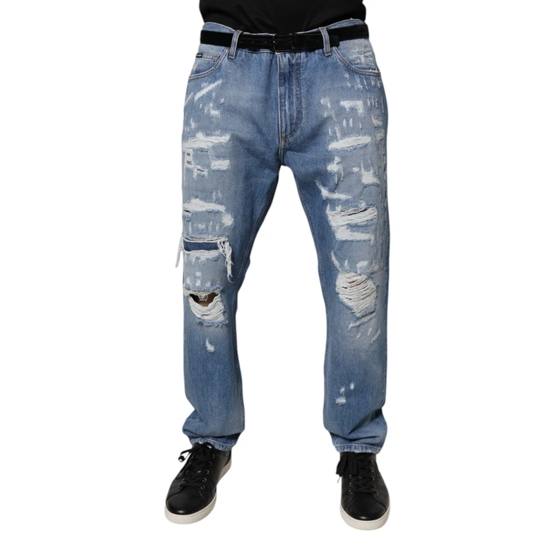 Dolce & Gabbana Blue Tattered Straight Cotton Denim Jeans Clothing - Men