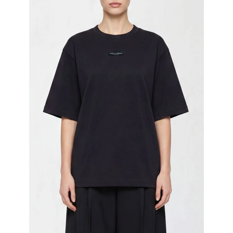 Cotton Crewneck T-Shirt with Contrast Logo and Dropped Shoulders (F8V78THU7MAN0000)