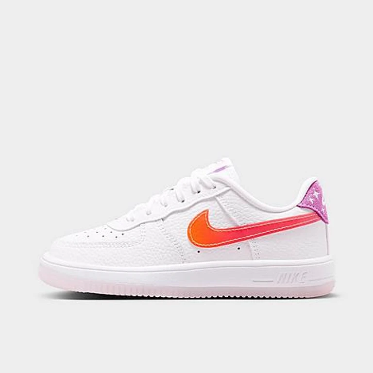 Nike Little Kids Force 1 Low Casual Shoes in White/Turf Orange/Bright Violet Size: 1.0
