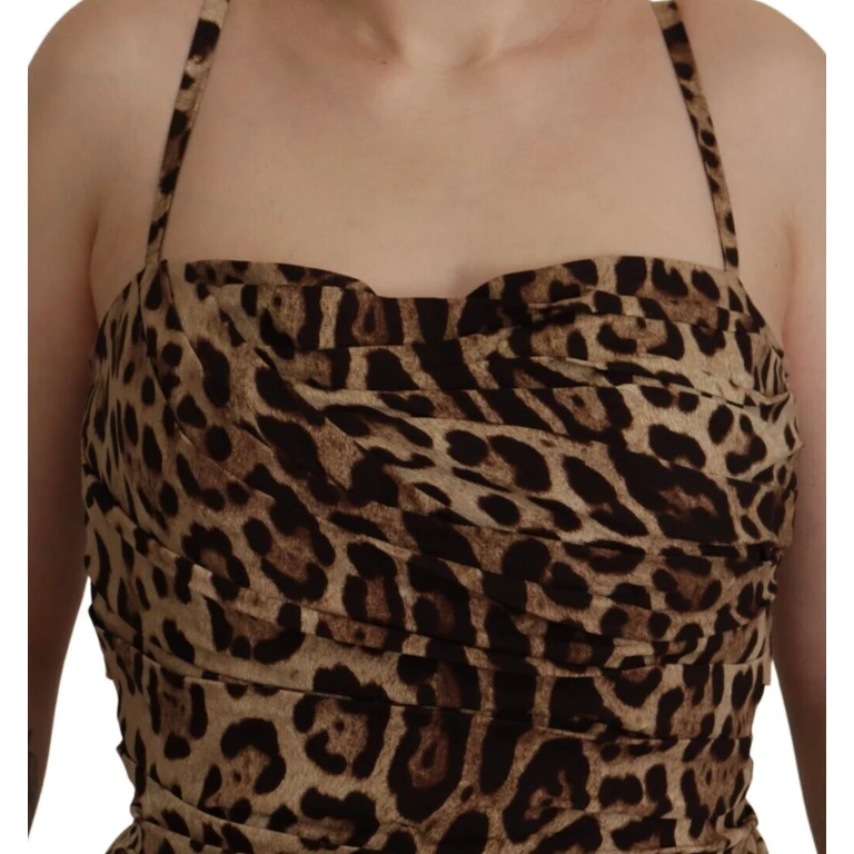 Brown Leopard Print Ruched Midi Dress Silk Elastane - Women