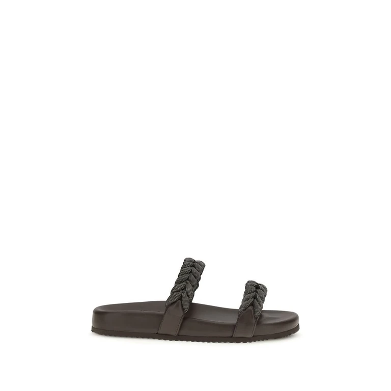 Brunello Cucinelli Brown Calf Leather Bos Taurus Flat Sandals - Women