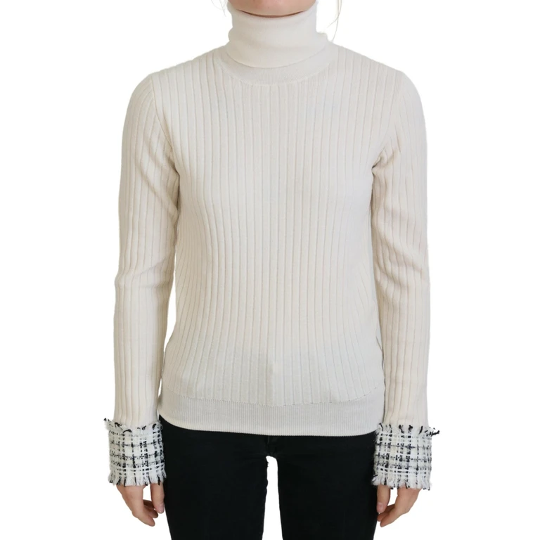 Dolce & Gabbana Ivory Turtleneck Distressed Cuff Pullover Sweater Off White Virgin Wool Clothing - Women