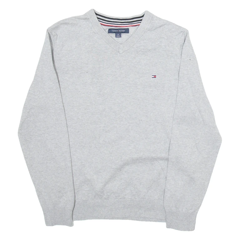TOMMY HILFIGER Womens Jumper Grey V-Neck Tight Knit M