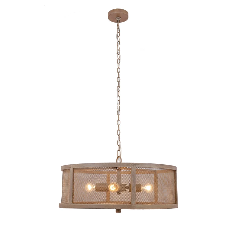 Woodgrain-Finish Metal Caged 4-Light Chandelier