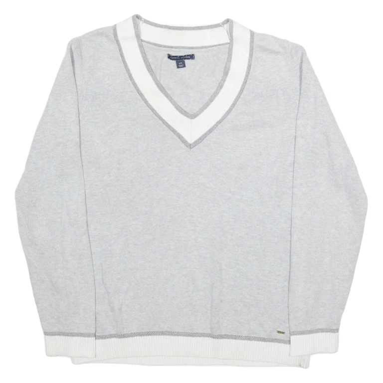 TOMMY HILFIGER Womens Jumper Grey V-Neck Tight Knit L