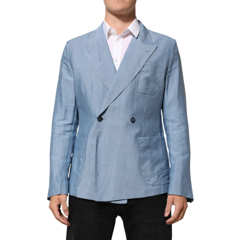 Light Blue Linen Double Breasted Men Jacket Blazer Nylon Clothing - Men