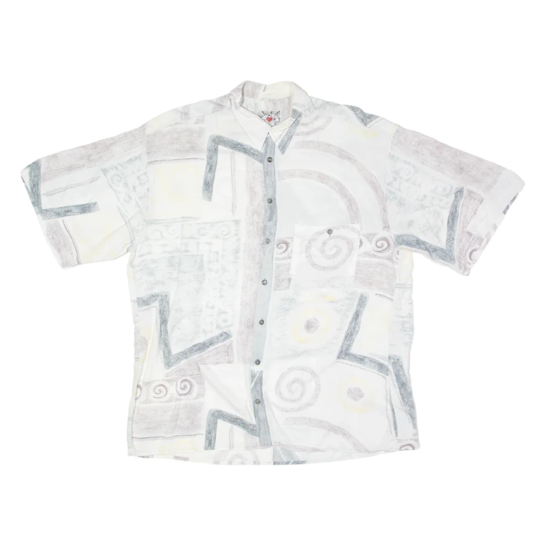 Mens Shirt White Viscose 90s Crazy Pattern XL