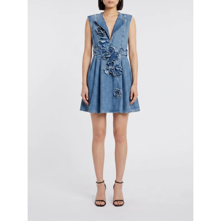A-Line Mini Dress in Recycled Denim with Floral Appliqué (A1030455566)