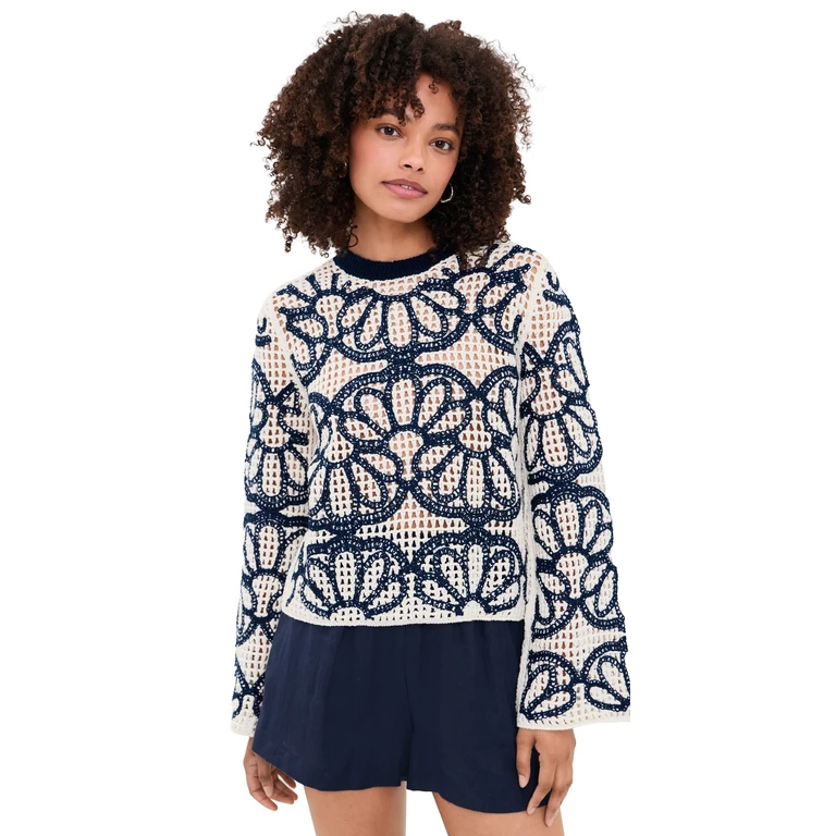 Madewell Floral Embroidered Rhoda Pullover Navy Floral Embroidery XL