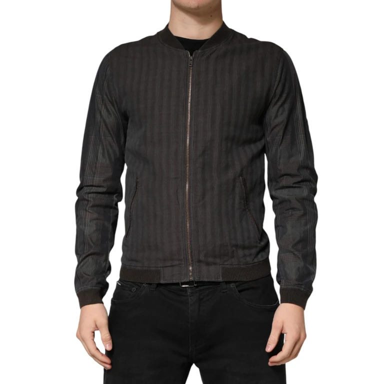 Black Stripes Cotton Full Zip Bomber Jacket Linen Silk Elastane Clothing - Men