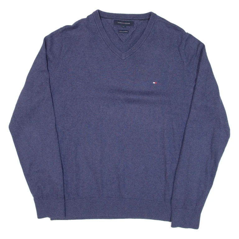 TOMMY HILFIGER Mens Jumper Blue V-Neck Tight Knit M