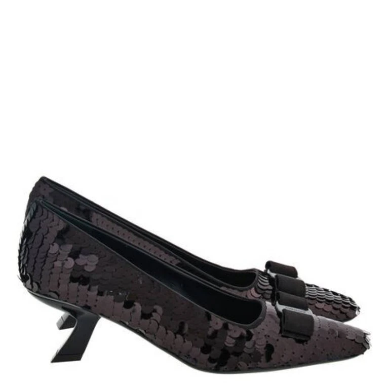 Ferragamo Anz Sequin Vara Bow Pumps, Size 7 C