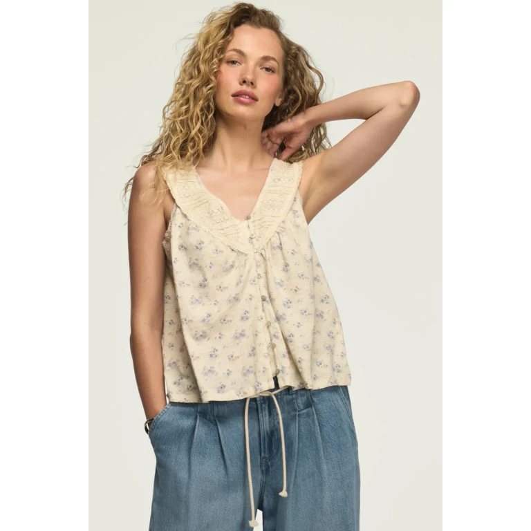 Women's Lace Yoke V Neck Top - Cream Floral