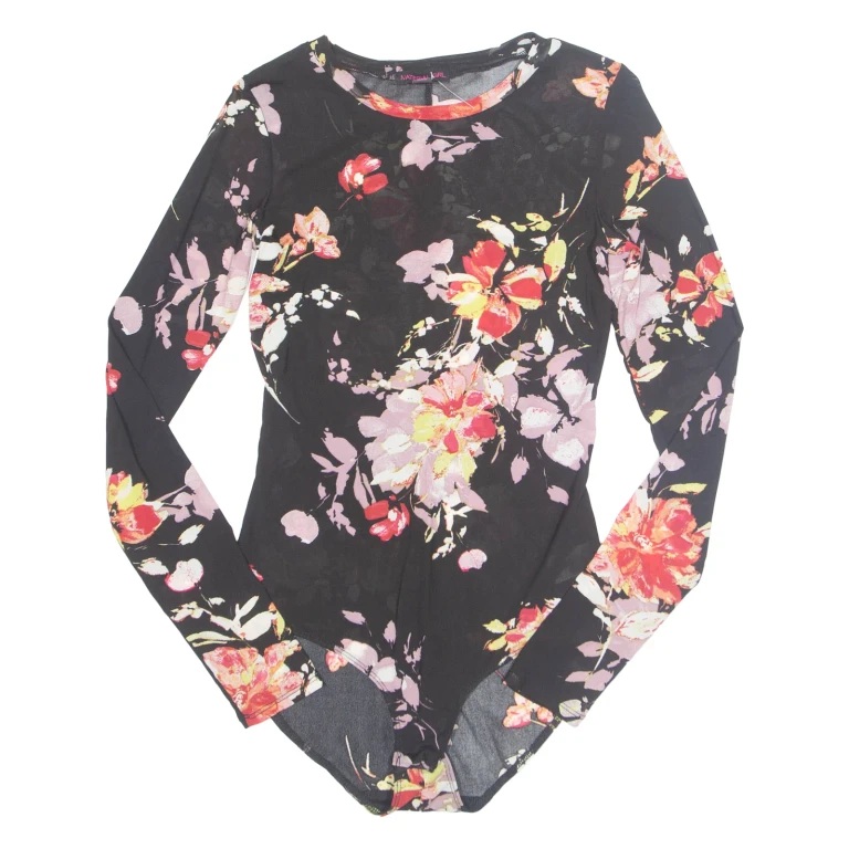 MATERIAL GIRL Womens Printed Bodysuit Black Long Sleeve Nylon Floral M