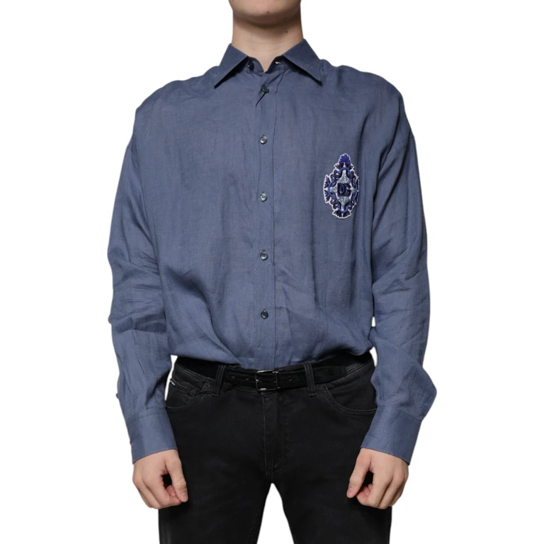Dolce & Gabbana Blue Logo Long Sleeve Button Down Casual Shirt Flax - Men