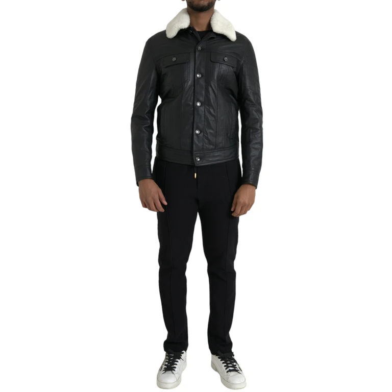 Black Leather Fur Collar Biker Coat Jacket Lambskin Clothing - Men