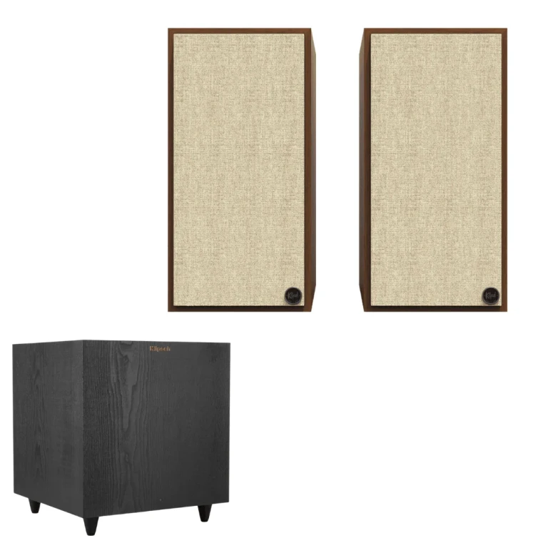 The Sevens Heritage Inspired Powered Speakers (Walnut) and R-80SWi 8" Wireless Subwoofer (Black) - Powerful 2.1 Audio System (Bundle)