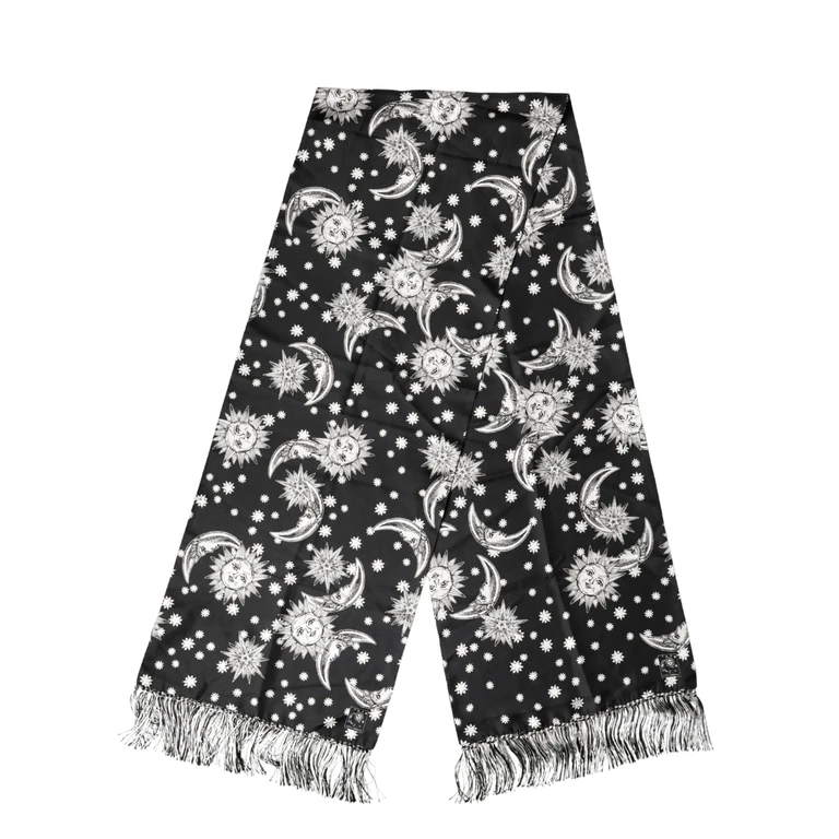 Black Silk Sun Moon Star Fringe Foulard 178cm X 33cm Scarf And White - Men
