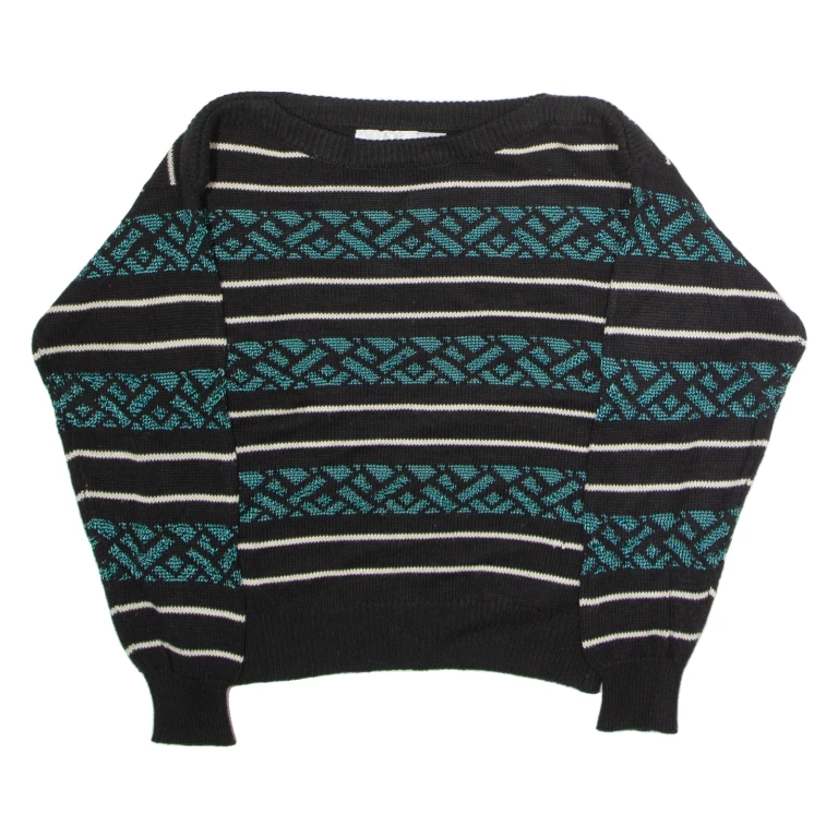 WEATHERVANE Womens Patterned Jumper Black Striped Crew Neck 90s L
