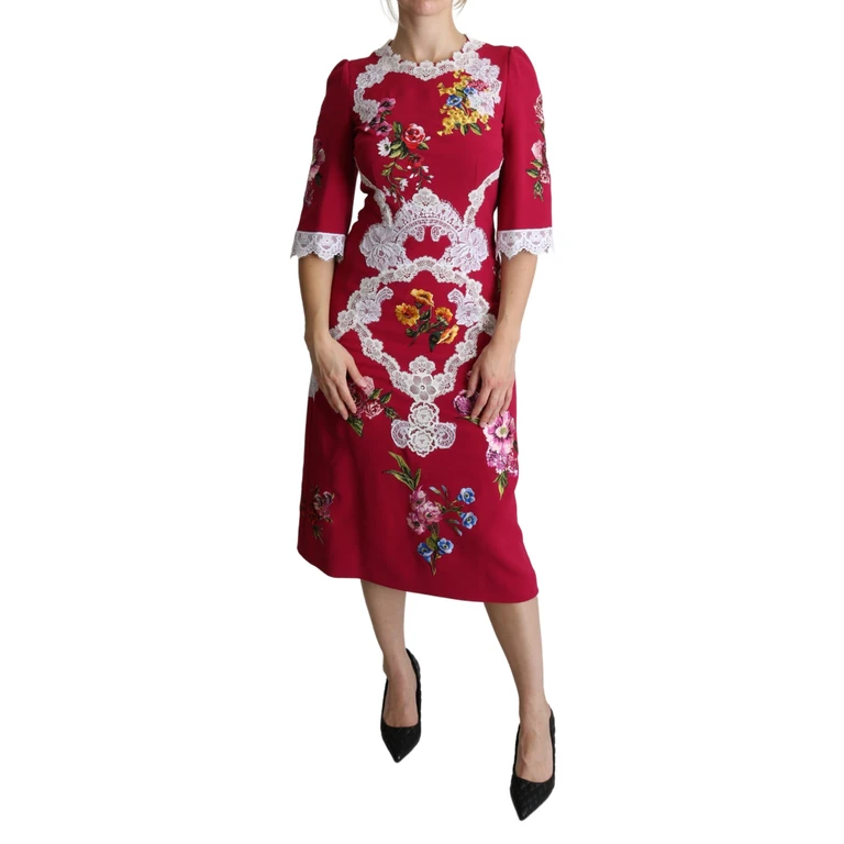 Red Floral Embroidered Sheath Midi Dress Rayon Acetate Spandex - Women
