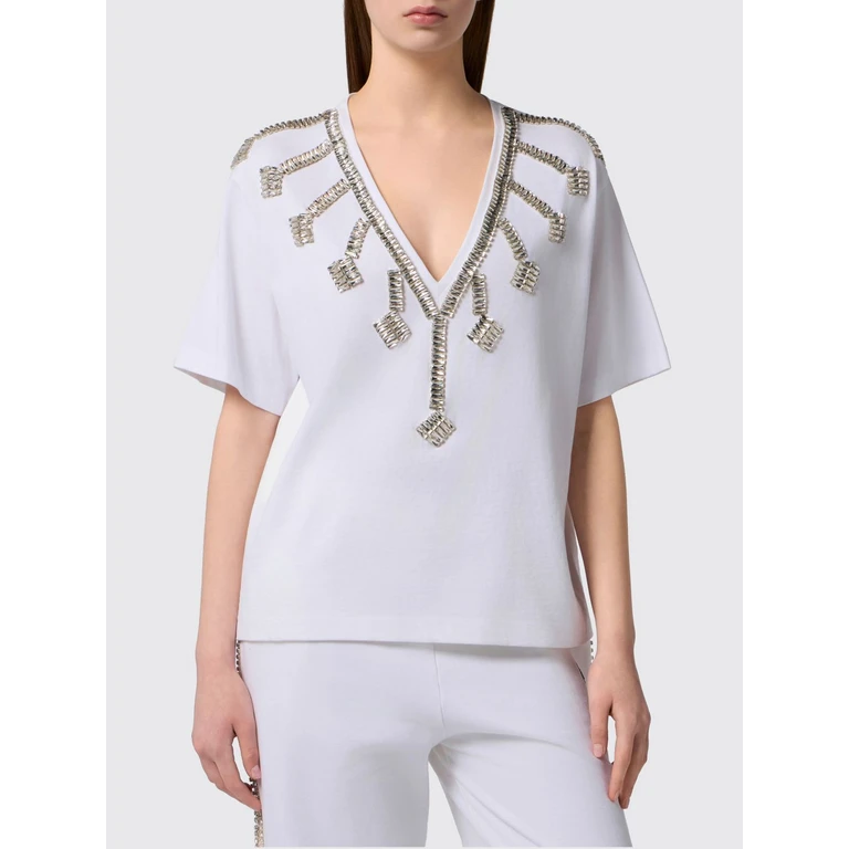 V-Neck Cotton Jersey T-shirt with Rhinestone Back Logo (PAFCWTK3938PJY002N01)
