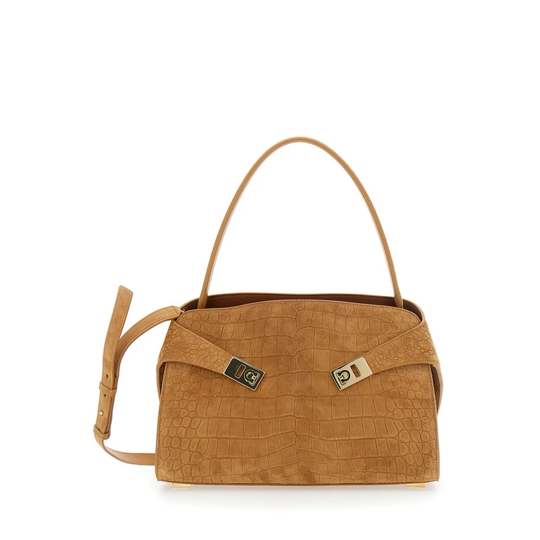 Beige Ginevra Shoulder Bag with Adjustable Strap and Crocodile-Embossed Effect in Suede for Women Goat