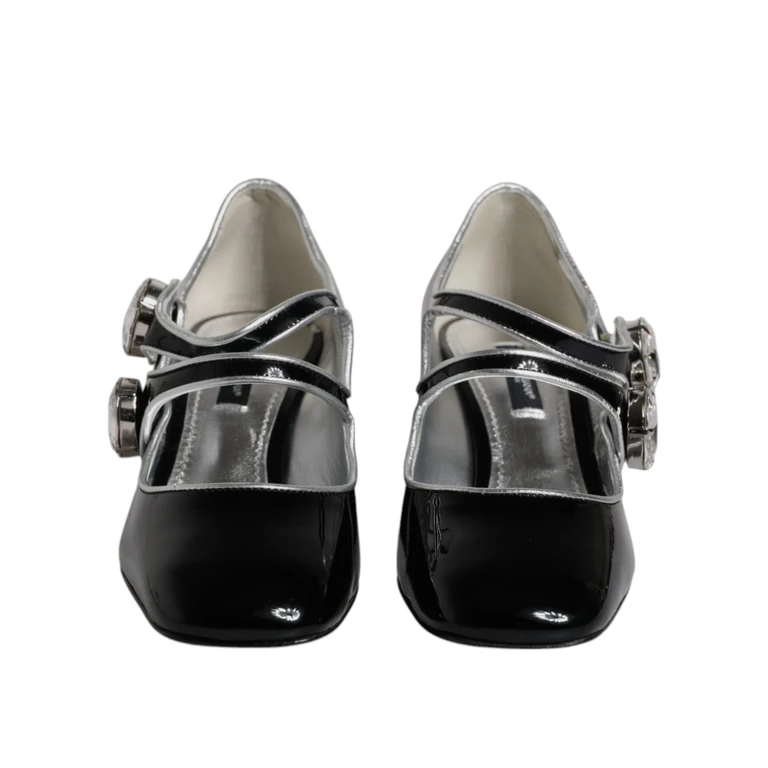 Dolce & Gabbana Black Patent Leather Crystal Mary Jane Pumps Shoes Calf Lamb - Women