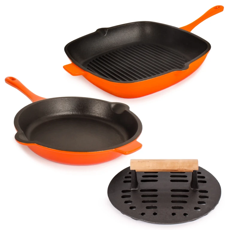 Neo 3pc Cast Iron Fry Pan & Grill Pan Set with Slotted Steak Press, Orange