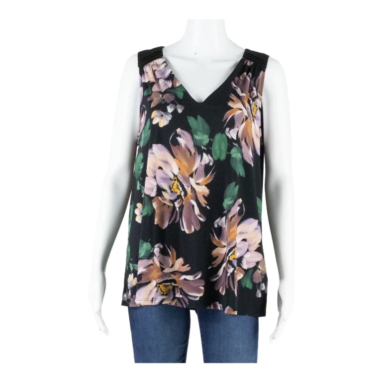 MONSOON Womens Printed Vest Black V-Neck Sleeveless Floral UK 14