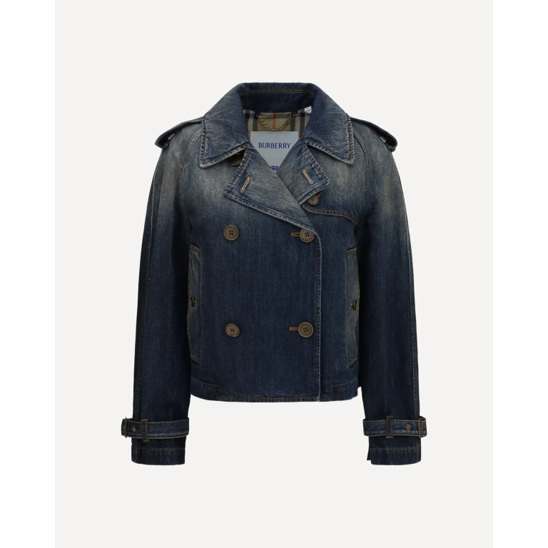 Dubbelrijige korte vintage denim trenchcoat met epauletten